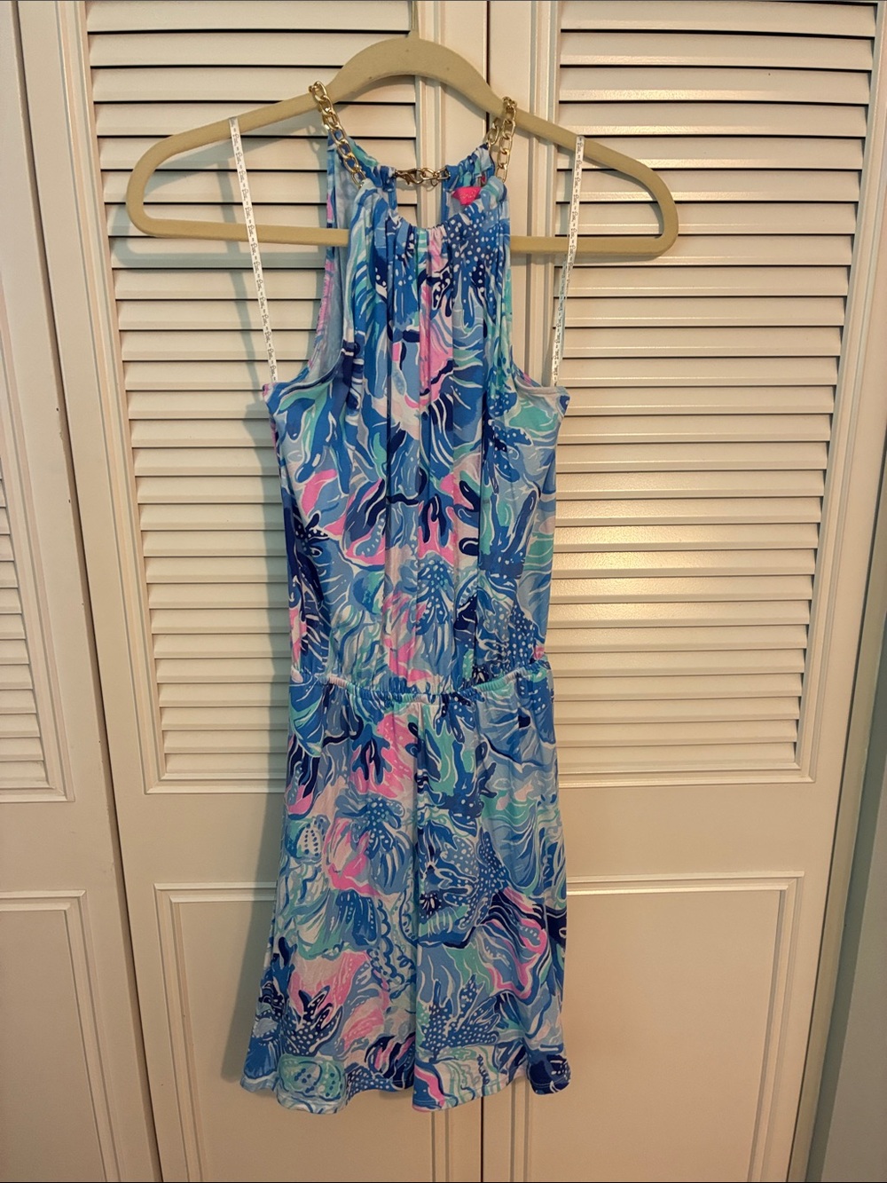 Lilly Pulitzer Blue and Aqua Printed Halter Dress skirt with Gold Chain